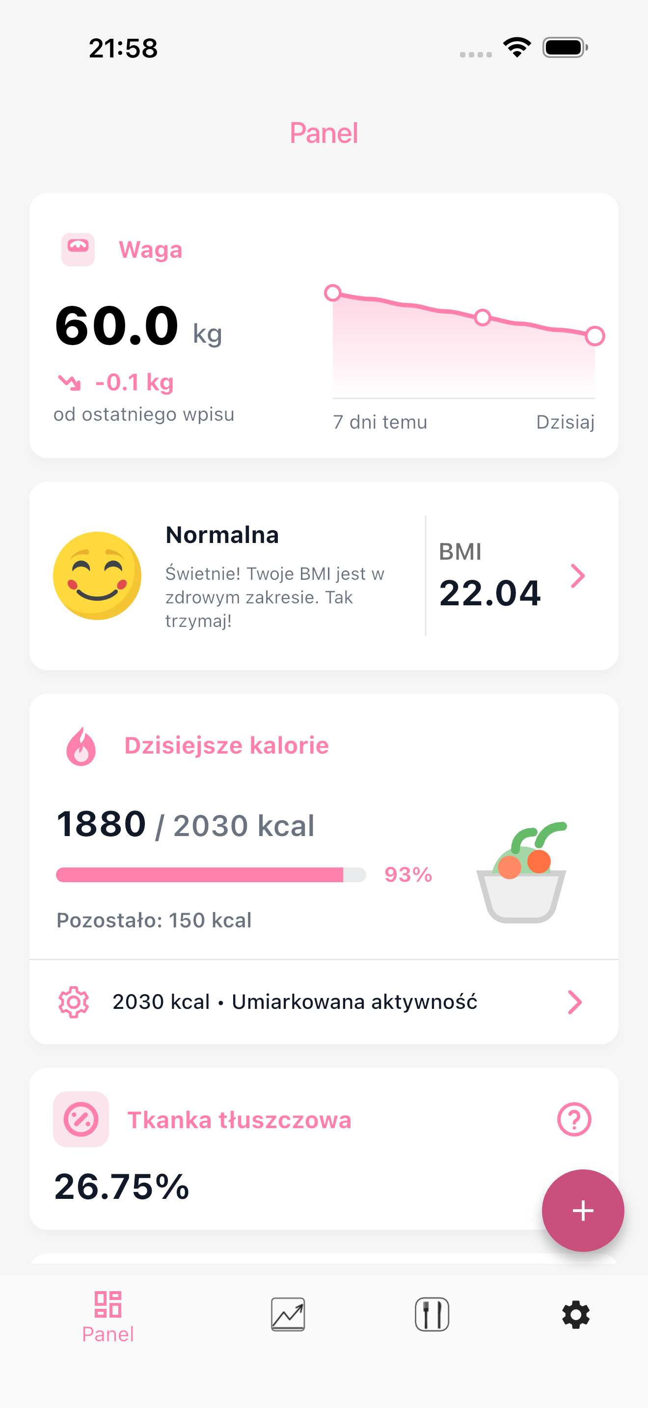 Panel główny aplikacji Your BMI