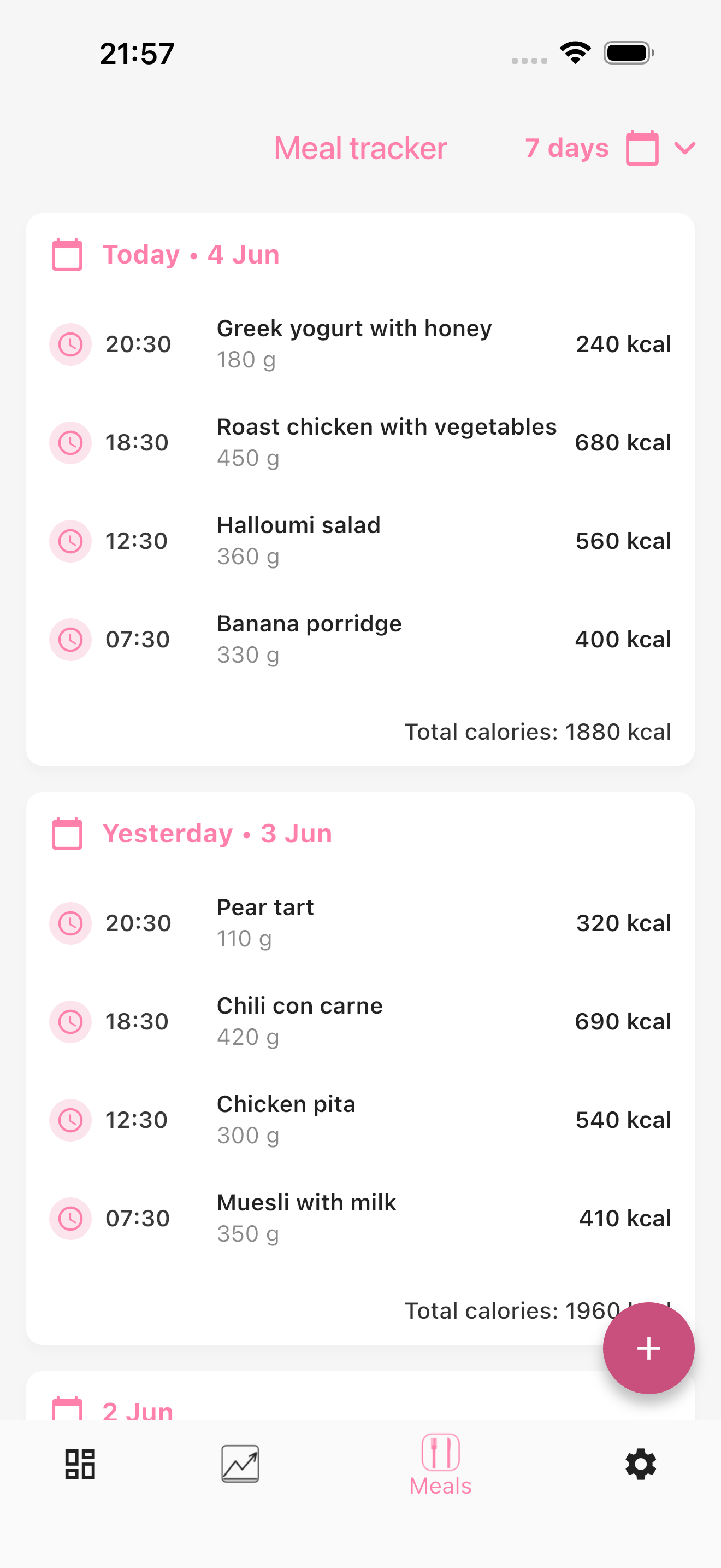 Meal tracker history showing foods, quantities, times and daily calorie totals