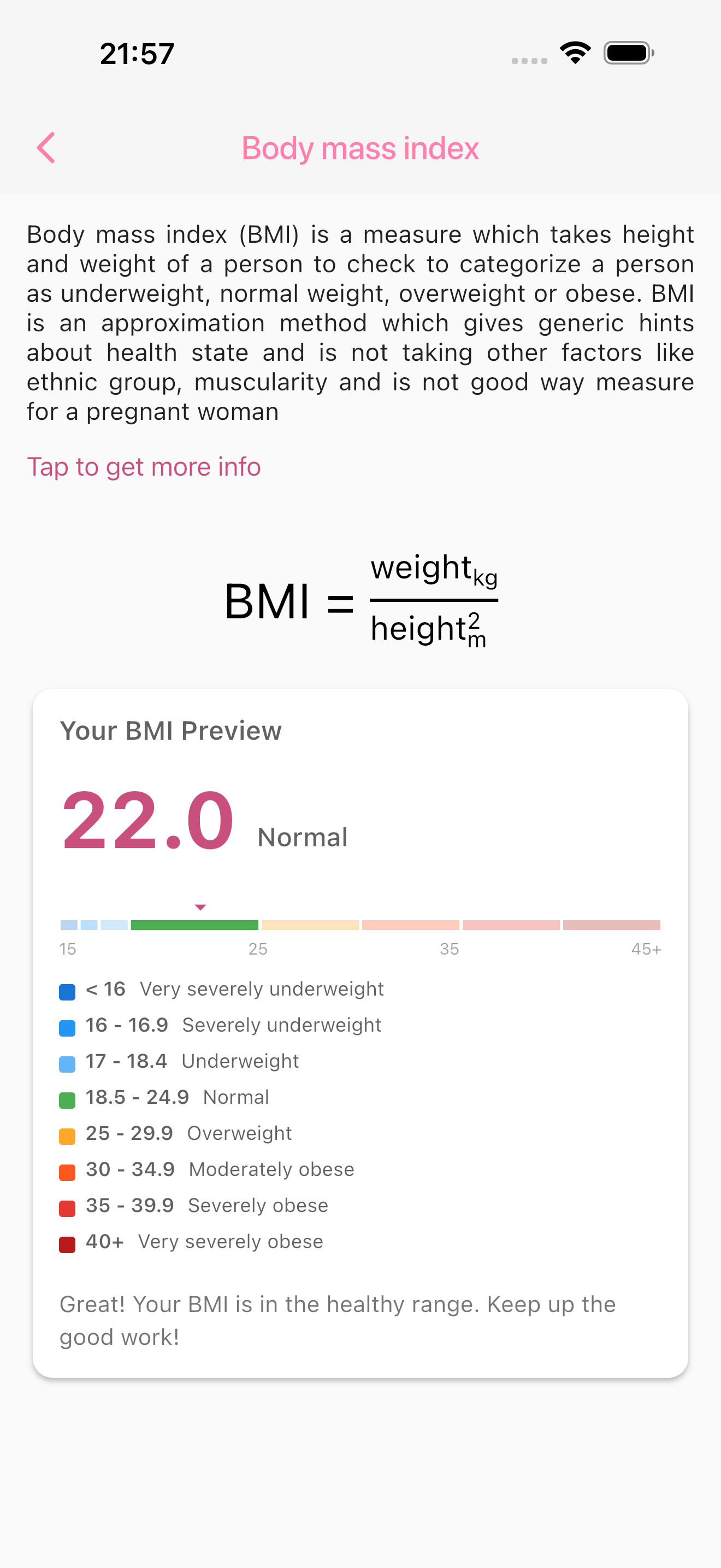 BMI information screen with formula, category ranges and a personal BMI preview