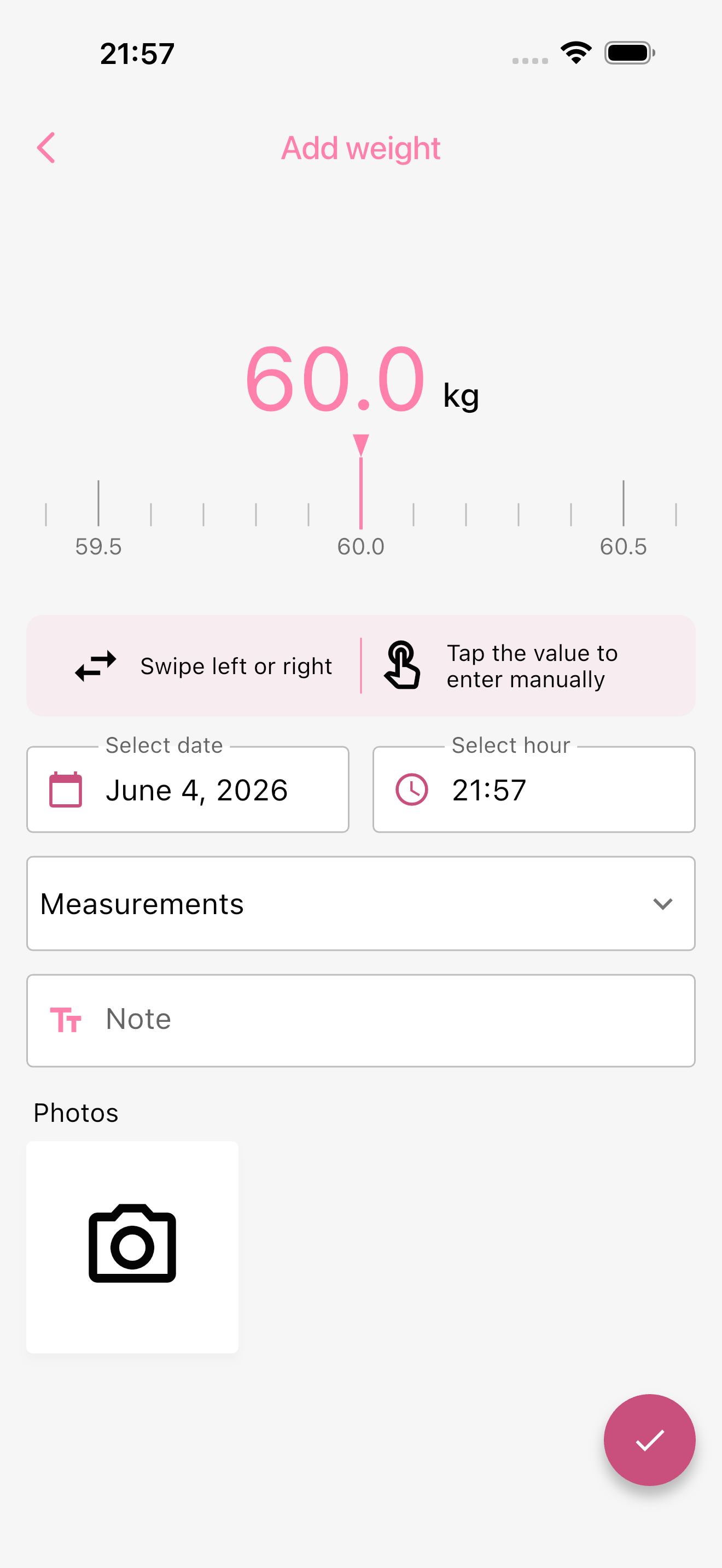Add weight screen with measurement slider, date, time, notes and photo controls