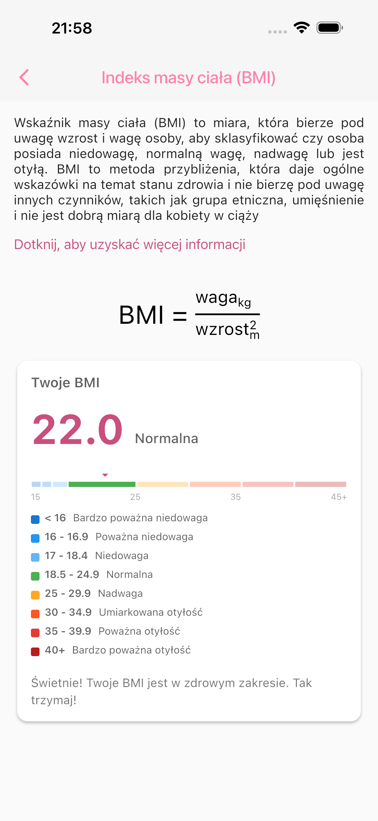 Informacje o BMI ze wzorem, zakresami kategorii i podglądem osobistego wyniku