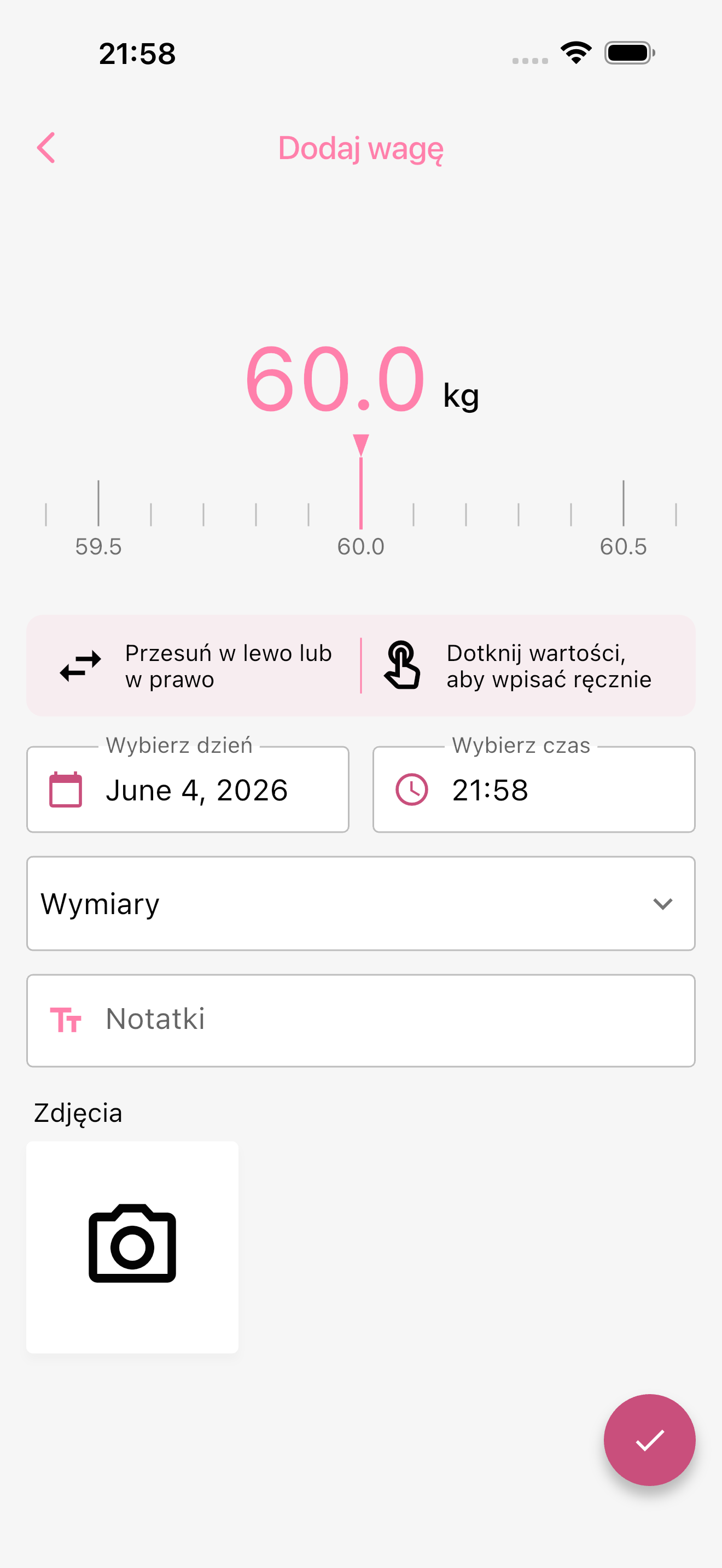 Ekran dodawania wagi z suwakiem, datą, godziną, notatką i zdjęciem