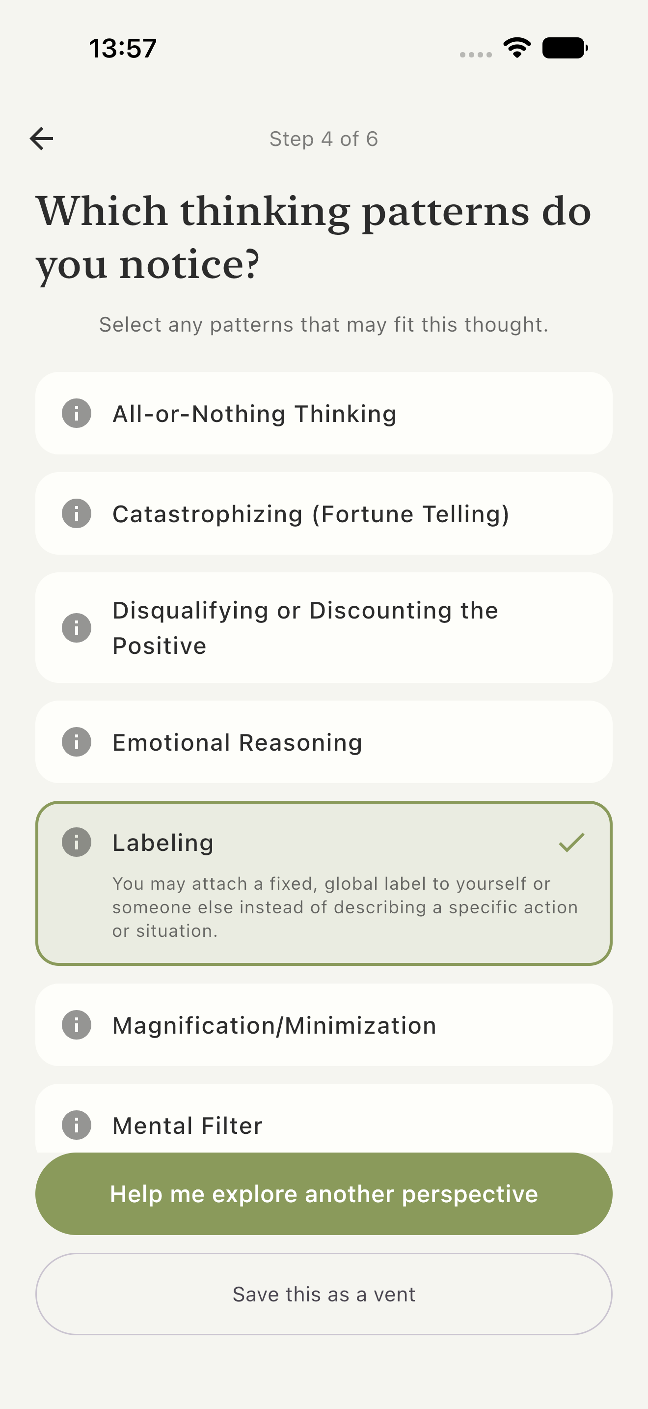 Reground list of cognitive distortions for a challenging thought