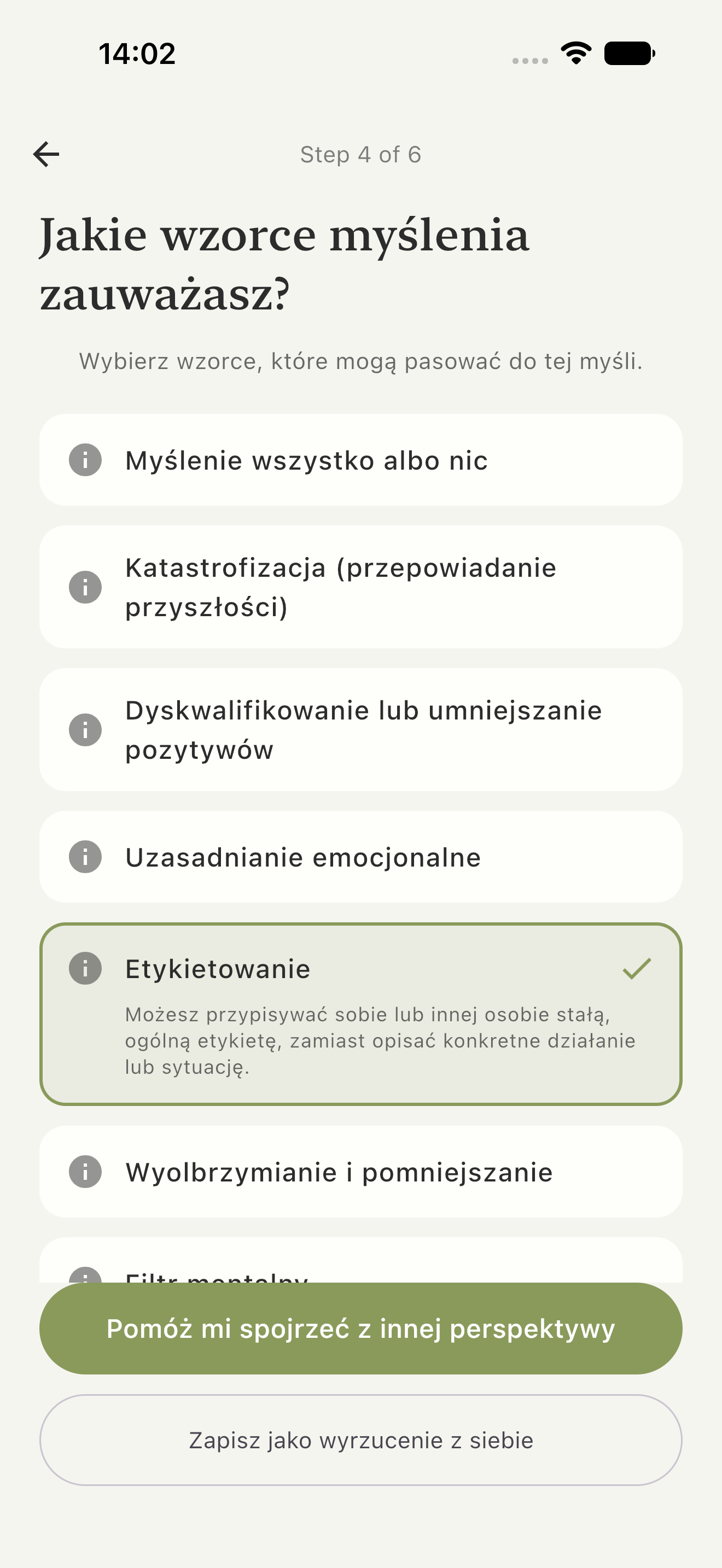 Lista wzorców myślenia w aplikacji Reground