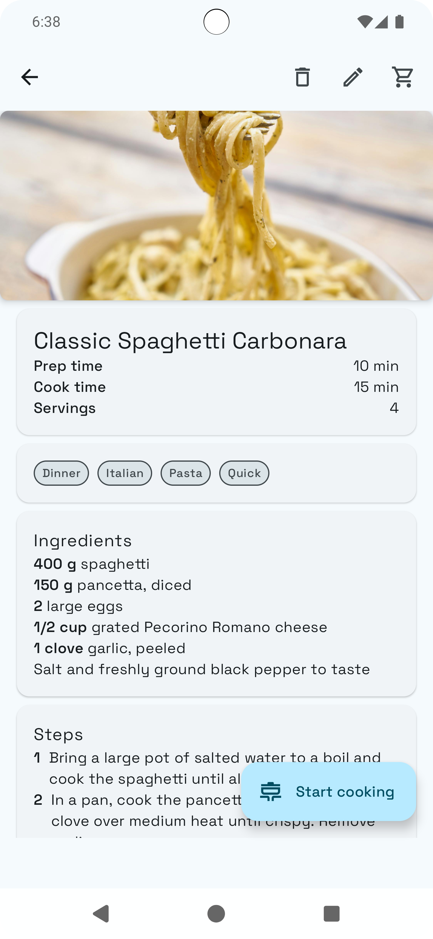 Recipe details with ingredients and preparation steps