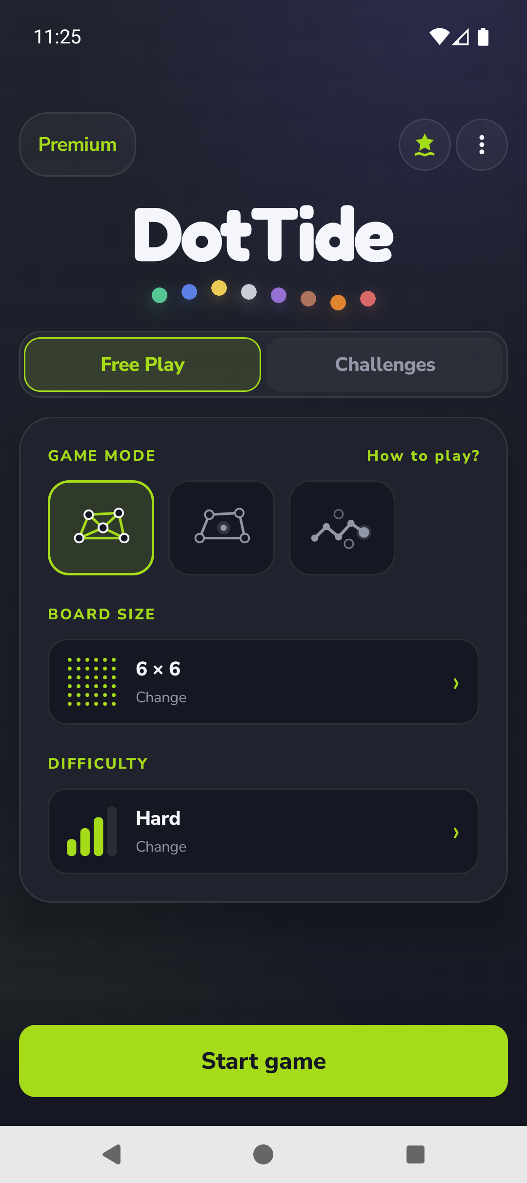 DotTide Free Play setup with mode, board size and difficulty controls