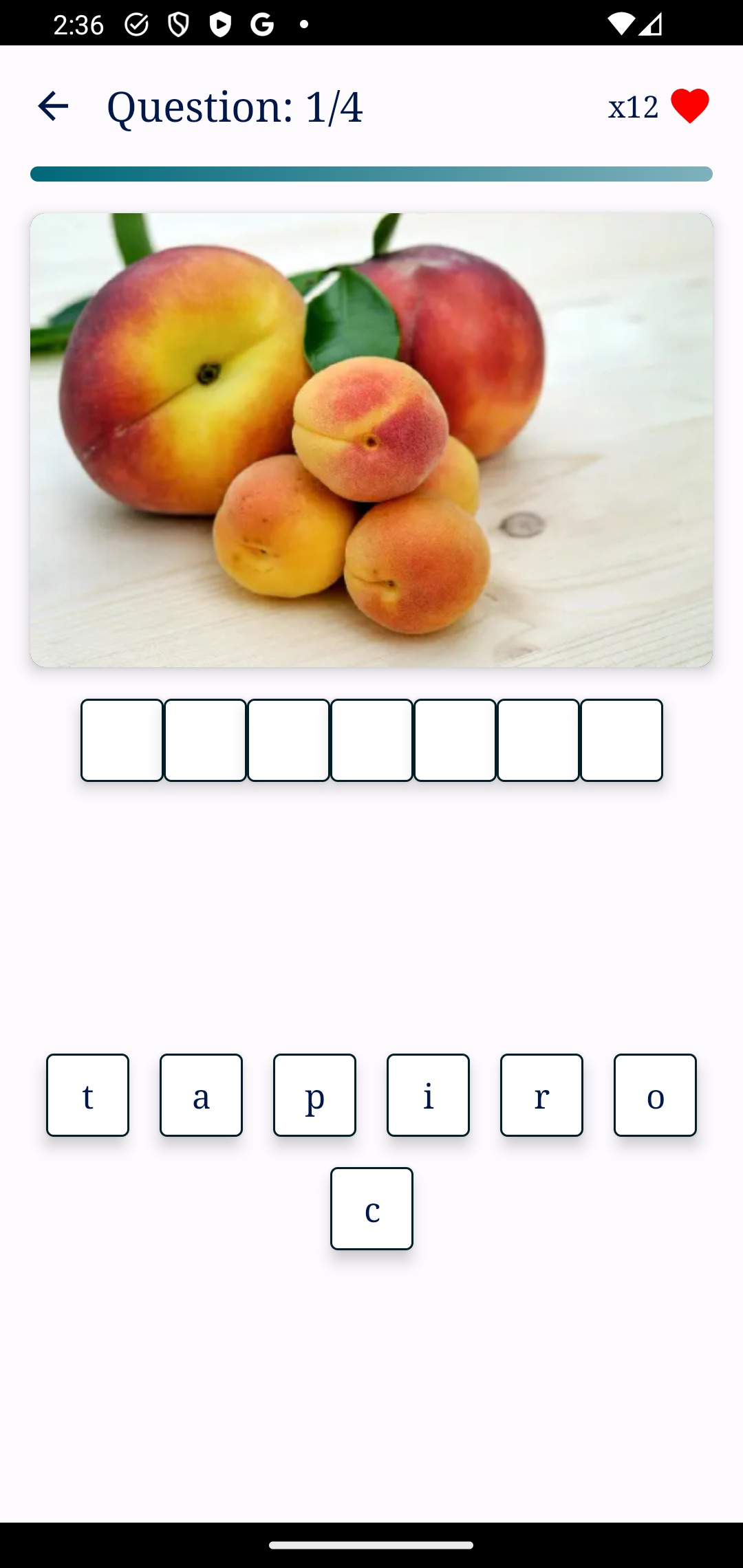 Snap Picture Guess typing challenge with letter tiles below a fruit photo