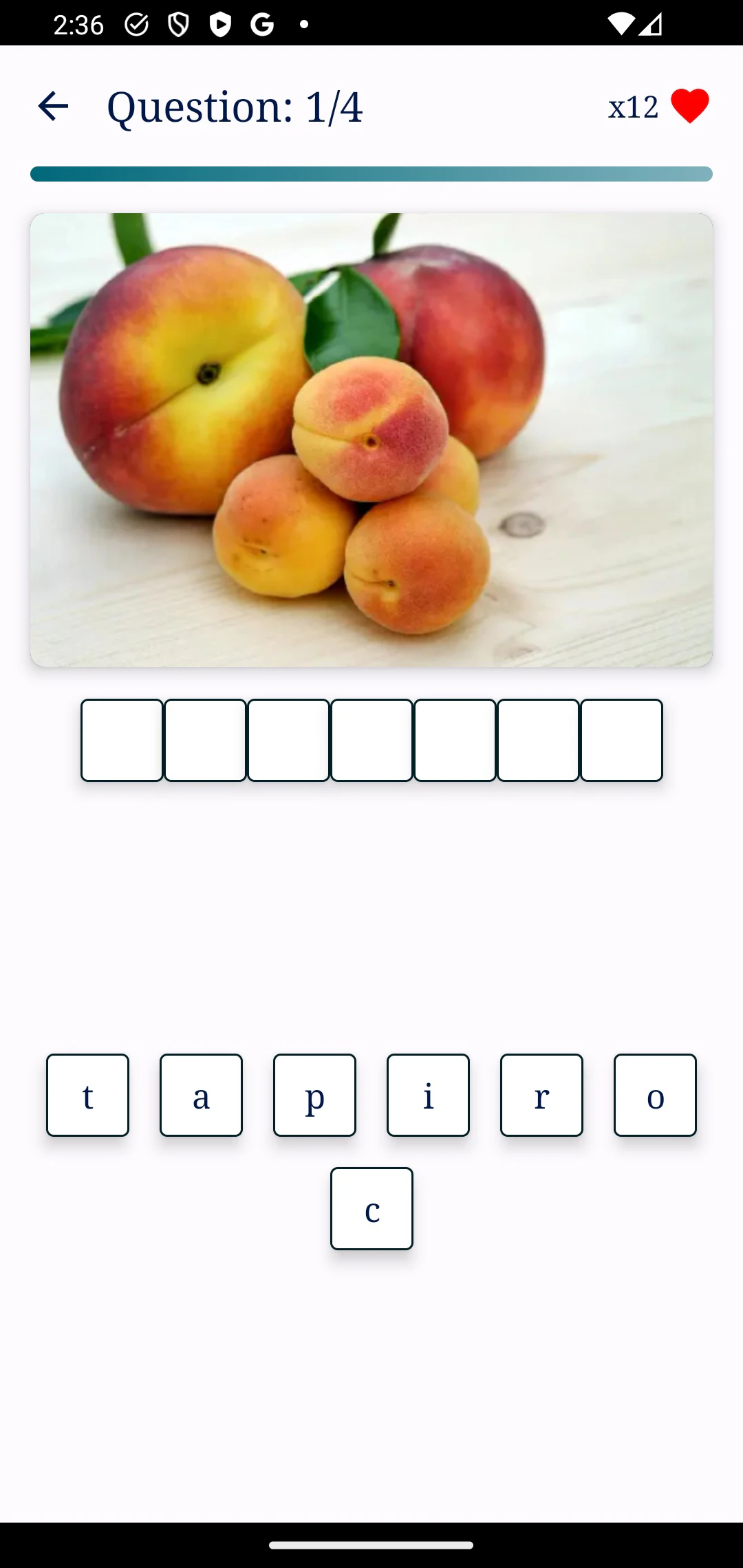 Tryb wpisywania Snap Picture Guess z literami pod zdjęciem owoców