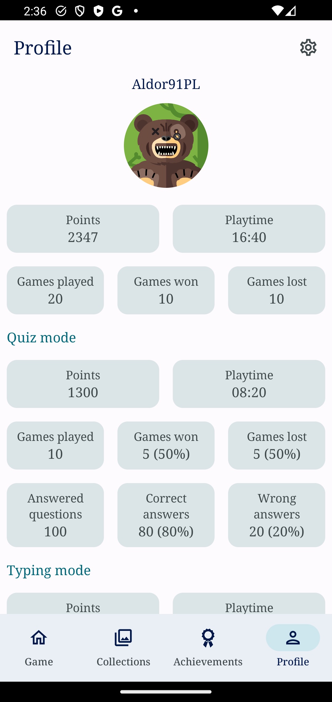Snap Picture Guess profile showing points, playtime and game statistics
